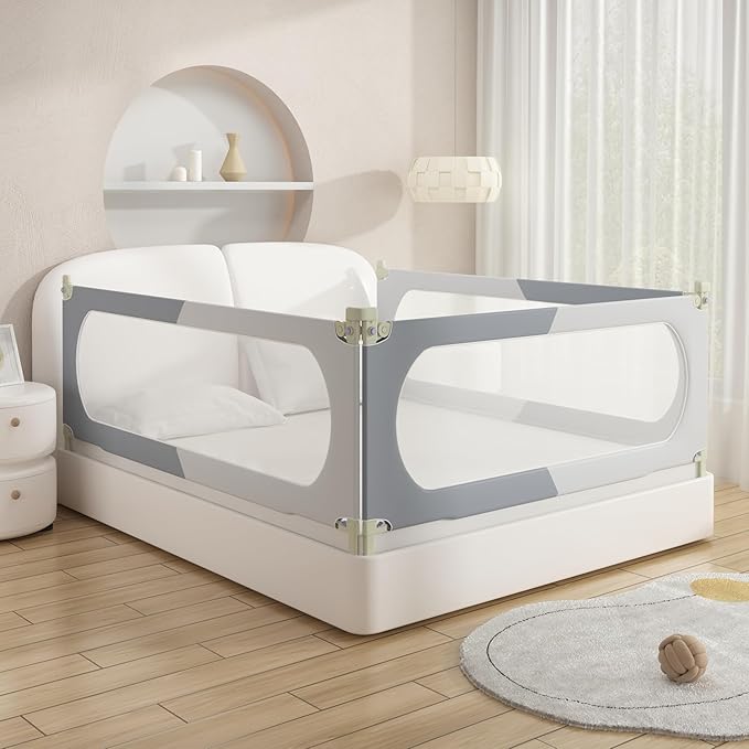 Bed Rail for Toddlers Twin, Full, Queen, King & Cal kingMattress Size | Swing Down Rail Guard | Mattress Side Rail for Kids (Gray and White, (3 Sides for Cal King) 86x86x75 Inch)
