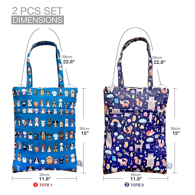 FLOCK THREE 2pcs Wet Dry Bag Waterproof Tote Reusable Wet Clothes Baby Diapers Stroller Swimsuit Travel Small Larger Electronics Toiletries Pouch Cute Animals