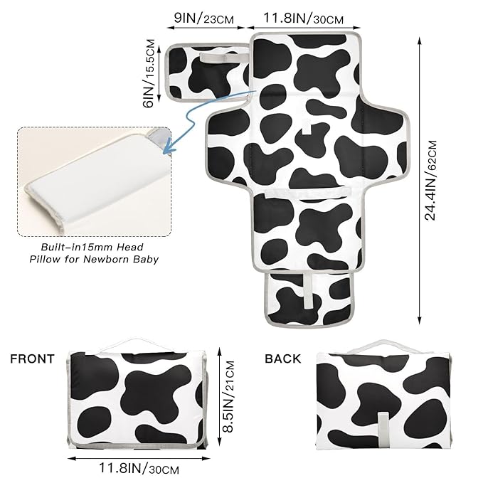 Portable Diaper Changing Pad Travel Baby Changing Mat Waterproof Diaper Changing Mat Foldable Lightweight Baby Changer with Built-in Pillow Cow Print Black and White