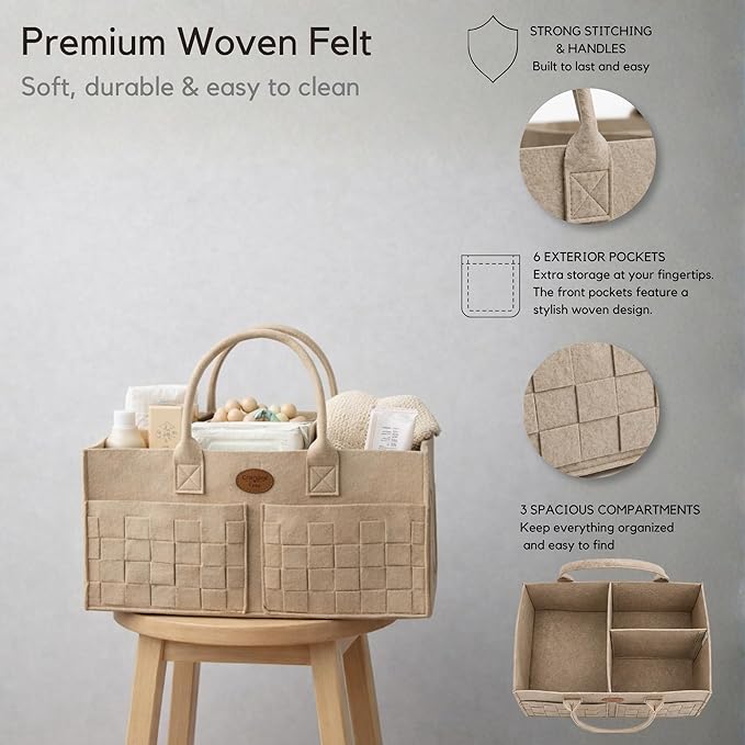 Baby Diaper Caddy Organizer for Nursery – Large Felt Storage Basket for Baby Essentials, Wipes & Diapers – Portable Nursery Organizer Bin for Changing Table or Living Room Beige
