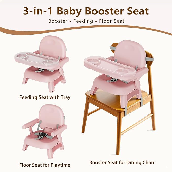 Booster Seat for Kitchen Chair, 3-in-1 Foldable & Portable Booster Seat with Tray, Extra Dishwasher-Safe Tray, Safety Straps for 6–18M (Up to 30 lbs), for Dining Table, Travel & Camping, Pink