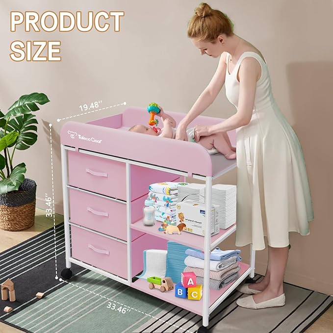 Baby Changing Table, Portable Changing Table, Diaper Changing Station with Waterproof Pad, Changing Table Dresser with 3 Storage Baskets, Mobile Nursery Organizer for Newborn Essentials
