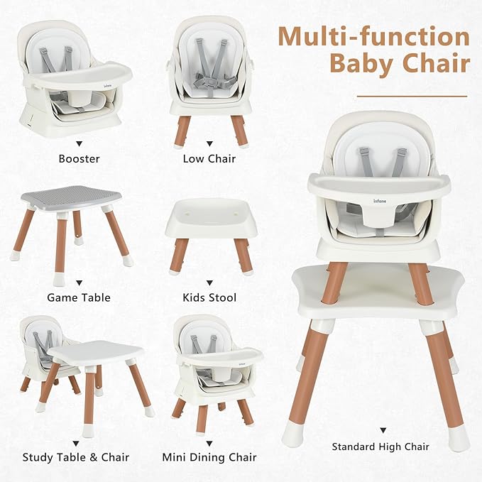 INFANS 8 in 1 Baby High Chair, Convertible Highchair for Babies and Toddlers, Infant Dining Booster Seat, Building Block Table, Kids Stool Table Chair Set with Removable Tray