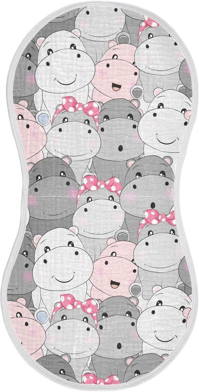 Muslin Burp Cloths for Baby Boys and Girls - 1-Pack Ultra Absorbent Cartoon Hippo Muslin Washcloths, Newborn Towel, Milk Spit Up Rags, Burp Cloth Bib for Unisex, 22 x 11 Inch