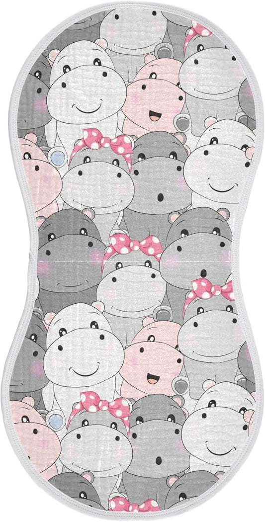 Muslin Burp Cloths for Baby Boys and Girls - 1-Pack Ultra Absorbent Cartoon Hippo Muslin Washcloths, Newborn Towel, Milk Spit Up Rags, Burp Cloth Bib for Unisex, 22 x 11 Inch