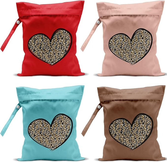 4 Pack Leopard Heart Cute Leopard Wet Bag Waterproof Reusable Wet Dry Bag for Swimsuit Clothes Cloth Diaper Travel Pool Yoga Toiletries Travel Cruises Valentine Day Birthday Camping Beach Essentials