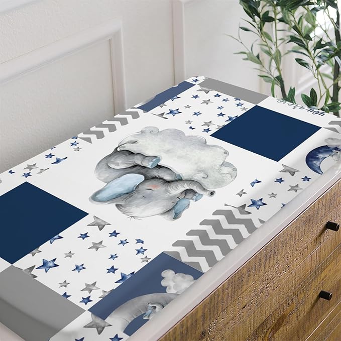 HawSkgFub Sleeping Elephant Stars Changing Pad Cover for Baby Boys Navy Blue, Dream Big Little One Diaper Change Table Covers, Soft Stretchy Safe Snug Fitted Changing Mat Sheets Fit 32"/34" x 16"