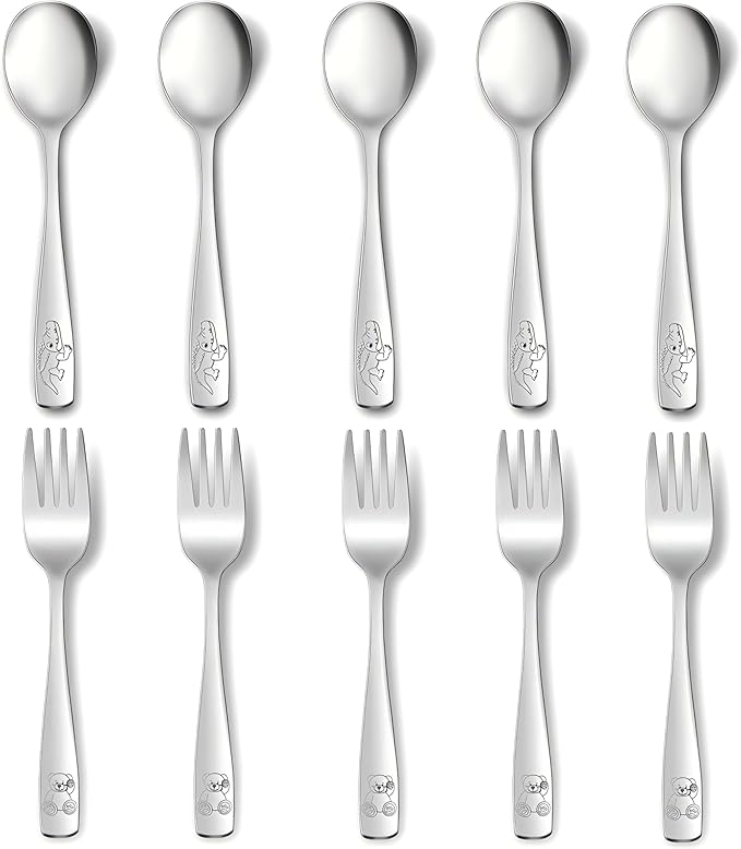 10-Piece Toddler Flatware, Kids Utensils Stainless Steel Cutlery Set, Children Safe Spoons and Forks with Ergonomic Handle, Easy to use and Dishwasher Safe (Crocodile and Bear)