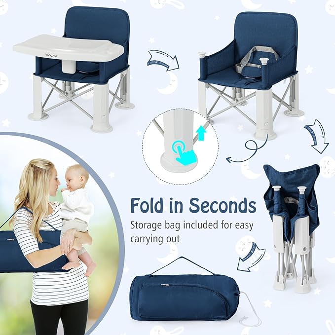 BABY JOY Travel Booster Seat with Double Tray, Folding Portable High Chair Booster Seat for Dining Table, Indoor/Outdoor Use, Camping, Beach, Lawn, Compact Baby Seat with Straps & Carrying Bag (Blue)