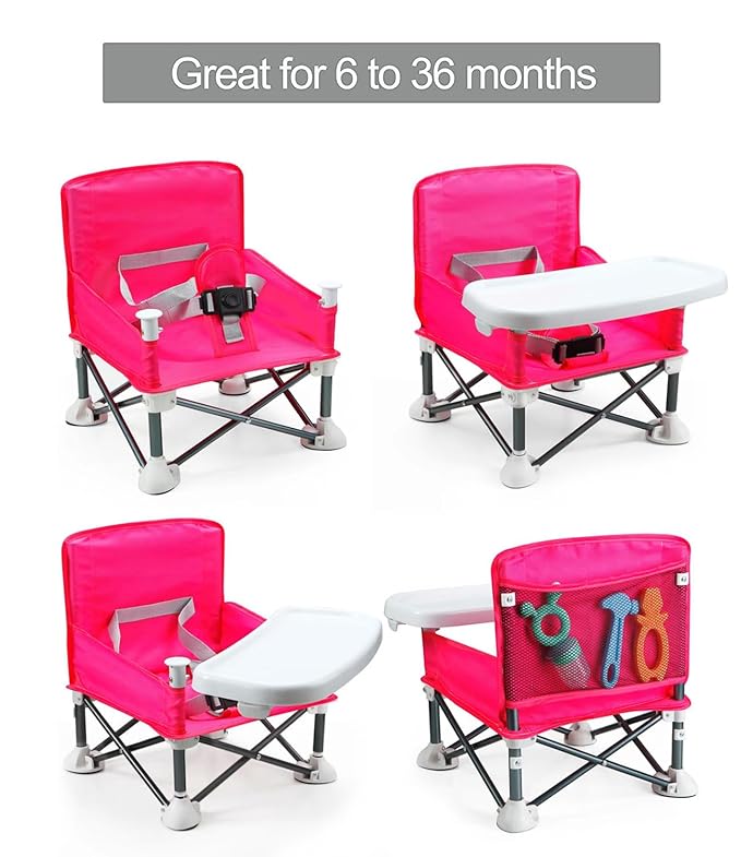 PandaEar Portable Travel Booster Seat with Tray| Folding Baby Seat Booster High Chair for Dining Table| Compact Camping Chair for Lawn, Beach Indoor/Outdoor Use| Toddlers, Kids (Pink)
