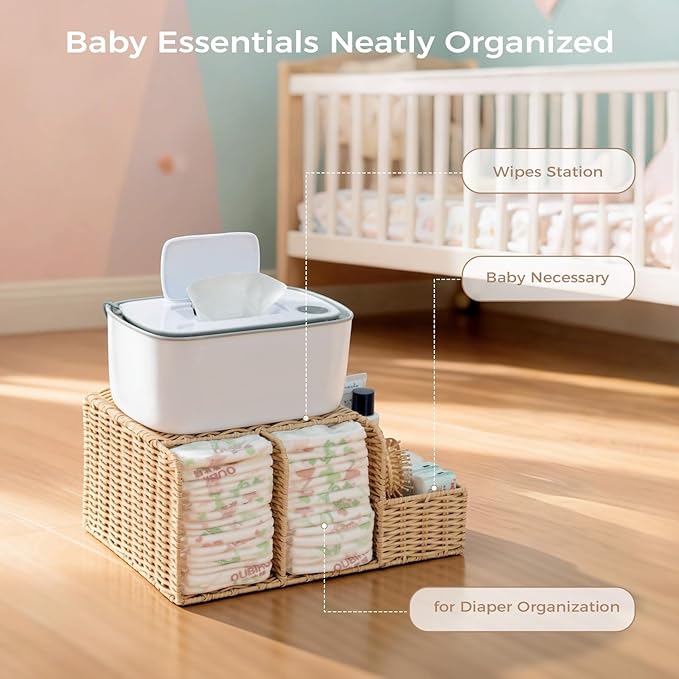 Diaper Caddy Organizer, Hand Rattan Nursery Storage Basket for Baby Essentials, Baby Changing Table Organizer Perfect Nursery Assistant (Natural Light Woven - Style 1, M)