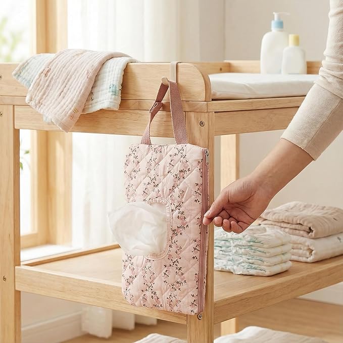 Quilted Baby Wipe Holder, Canvas Floral Quilted Pouch with Hanging Strap, Portable Diaper Wipe Holder for Travel Stroller-Long Branch Pollen
