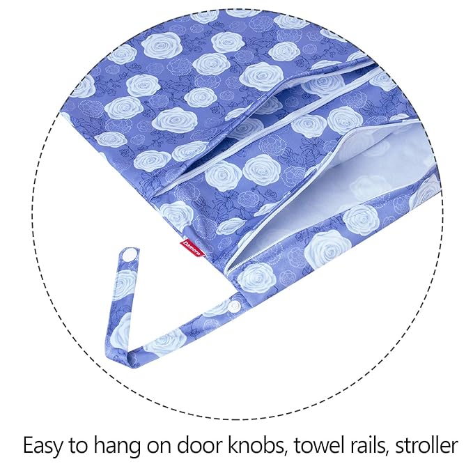 Damero 3Pcs Wet Dry Bag for Cloth Diaper, Swimsuit, Clothes, Ideal for Travel, Exercise, Daycare, Roomy and Water-Resistant(Purple Flowers)