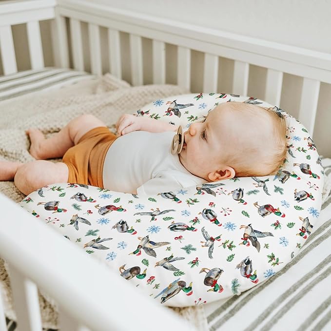 Christmas Mallard Ducks Baby Nursing Pillow Covers for Boy Girl Wild Ducks Cherry Fir Leaves Nursing Pillowcase for Breastfeeding Pillows Winter Hunting Duck Soft Stretchy Slipcovers for Newborn