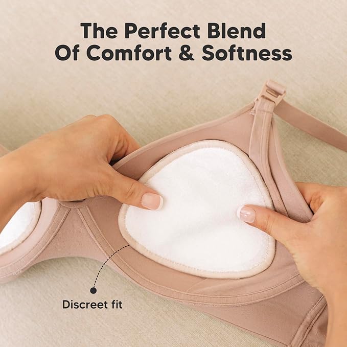 Organic Nursing Pads - 14 Washable Breast Pads for Breastfeeding, Wash Bag, Reusable Nipple Covers for Breastfeeding Essentials, Soft & Absorbent (Bare Beige, L 4.8")