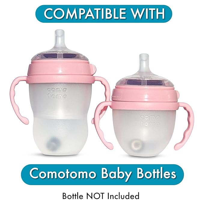 Straw Cup Conversion Kit for Comotomo Baby Bottles 2-Count, Food Grade Silicone Straw Top Nipples, All Silicone Weighted Straw, Bottle Handles, Cleaning Brush, BPA Free, 6+ Months (Straw Top, Pink)