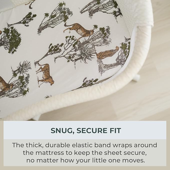 Pobibaby - 2 Pack Premium Bassinet Sheets for Standard Bassinets - Ultra-Soft Cotton Blend, Stylish Floral Pattern, Safe and Snug for Baby (Safari)