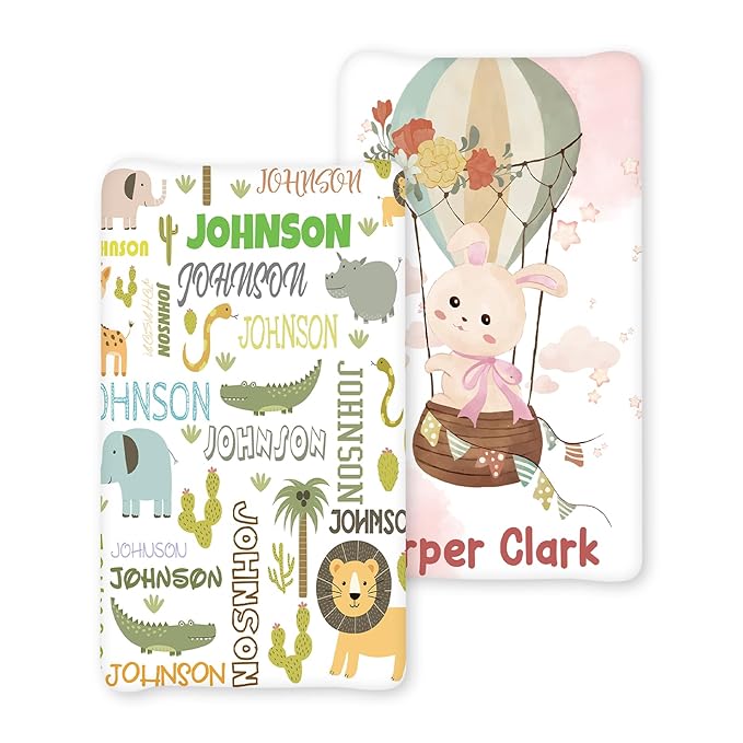 Custom Name Changing Pad Cover - 2 Piece Customizable Changing Pad Cover - Animal Print Cotton Toddler Baby Pee Pad Cover for Changing Table Nursery Protector