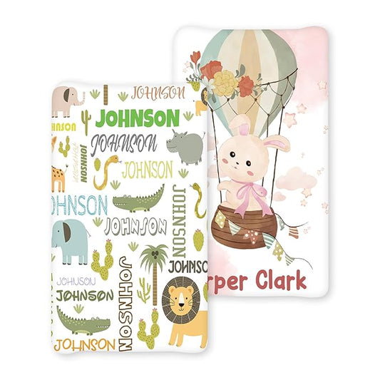 Custom Name Changing Pad Cover - 2 Piece Customizable Changing Pad Cover - Animal Print Cotton Toddler Baby Pee Pad Cover for Changing Table Nursery Protector