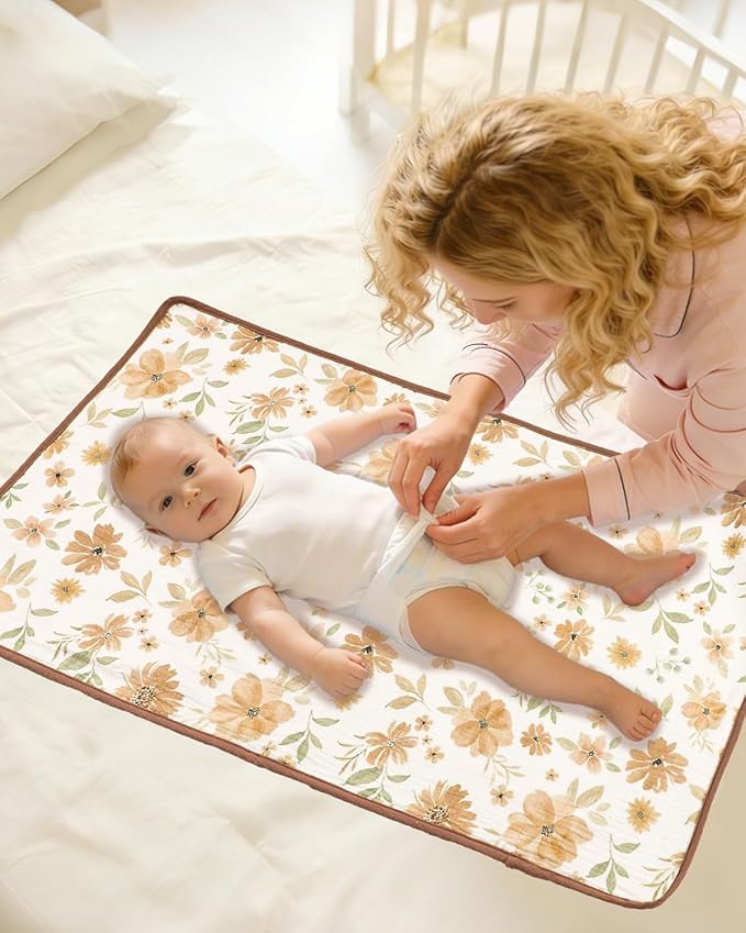 Waterproof Portable Changing Pad 2 Pack, Muslin Cotton Baby Changing Mat Comfortable & Breathable, Foldable Diaper Changing Pad for Travel, Machine Washable, Flower & Brown