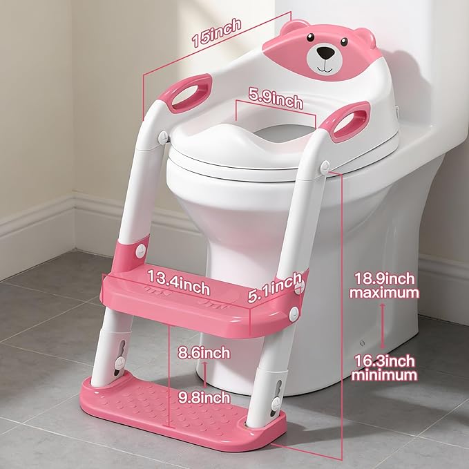 Potty Training Seat with Step Stool Ladder, Toddler Toilet Seat for Boys Girls, Adjustable 6 Heights Fits Round & Elongated Toilets, Anti-Slip Pads & Leak-Proof Guard