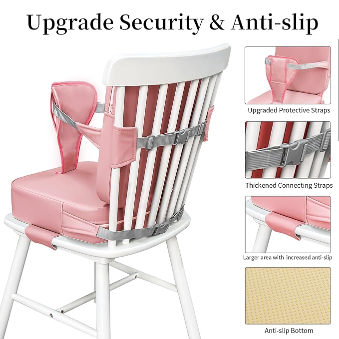 Eiury Toddler Booster Seat for Dining Table – Non-Slip PU Waterproof Cushion with Backrest & Adjustable Straps, Portable Baby Booster Seat (Pink)