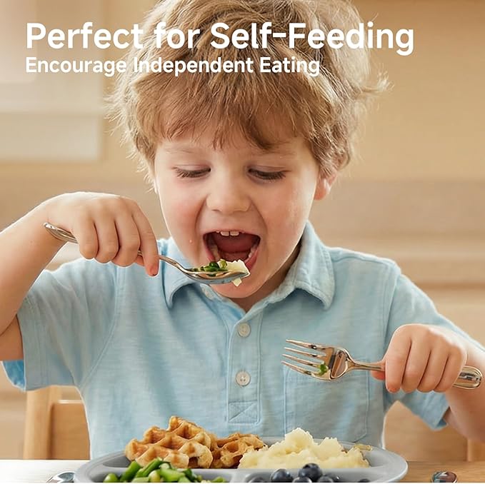 KINGSTONE Kids Silverware, 3-Piece Large Forks and Spoons Knife Gift Set, 18/10 Stainless Steel Kids Utensils for Self-Feeding, Food Grade Flatware, Dishwasher Safe, Mirror Polished