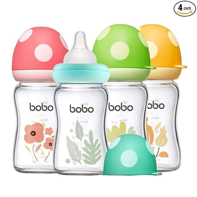 YOHKOH Natural Glass Baby Bottle with Level 1 Slow Flow Nipple, Newborn Anti-Colic Baby Bottles, Wide Neck Mushroom Baby Glass Bottle (Multicolour1, (5.4oz (Pack of 4))