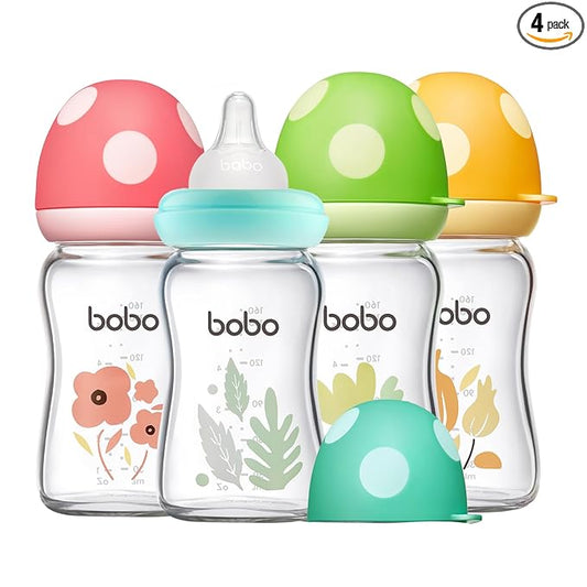 YOHKOH Natural Glass Baby Bottle with Level 1 Slow Flow Nipple, Newborn Anti-Colic Baby Bottles, Wide Neck Mushroom Baby Glass Bottle (Multicolour1, (5.4oz (Pack of 4))