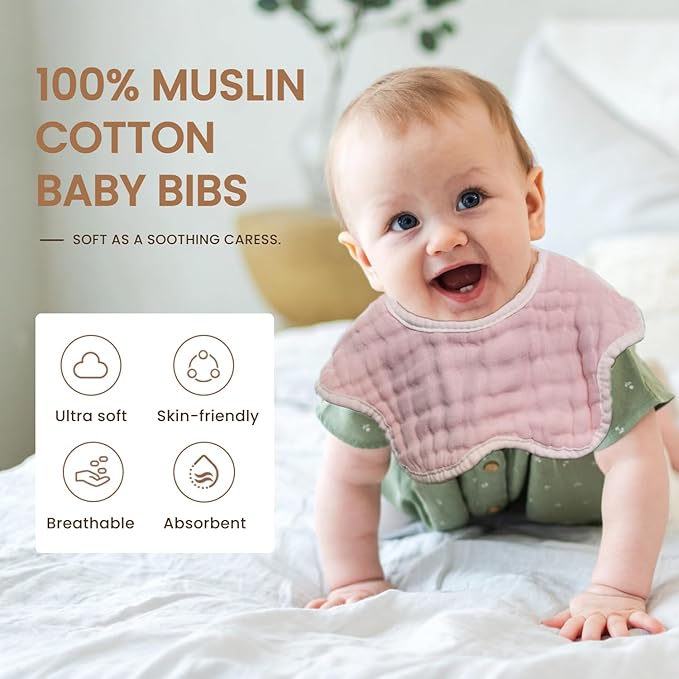 MUKIN Soft Cotton Muslin Baby Bibs 6 Pack | Adjustable Snap Closure for Newborns| Absorbent for Drooling, Teething & Feeding