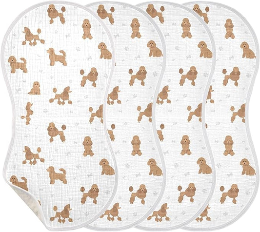 Muslin Burp Cloths for Baby Boys and Girls - 4-Pack Ultra Absorbent Miniature Poodle Dog Muslin Washcloths, Newborn Towel, Milk Spit Up Rags, Burp Cloth Bib for Unisex, 22 x 11 Inch
