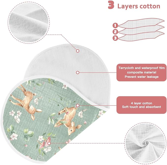 Deer Bird Mushroom Butterfly Flower Muslin Burp Cloths for Baby 4 Pack 100% Cotton Baby Washcloths Bibs for Boy Girl