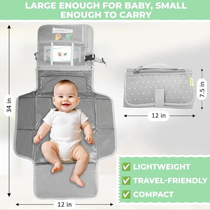 Portable Diaper Changing Mat, Fits Most Changing Tables, One-Hand Hook-and-Loop Fasteners, Front Touchscreen-Friendly Pocket, Grey