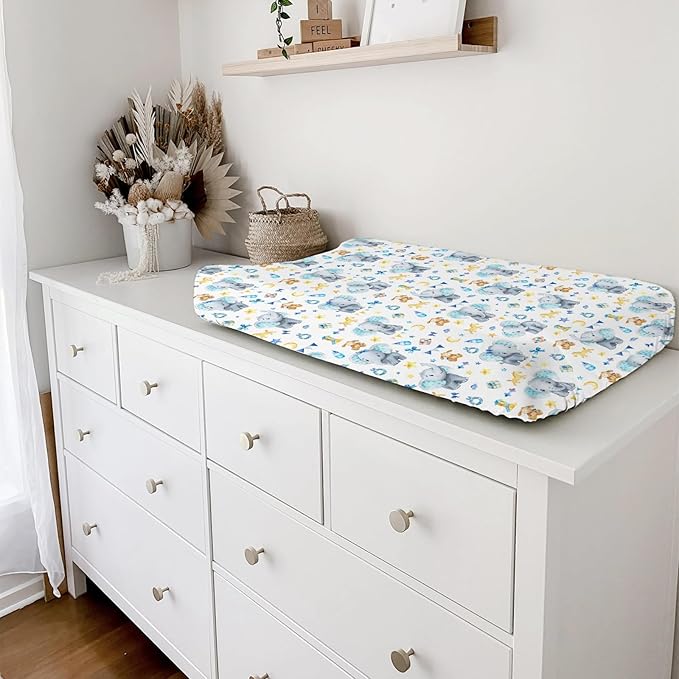 Cute Elephant Changing Pad Covers Cartoon Elephant Diaper Changing Pad Table Sheets Cover for Boy Girl Blue Elephant Soft Breathable Stretch Nursery Baby Changing Pad Mats Covers 32''x16''