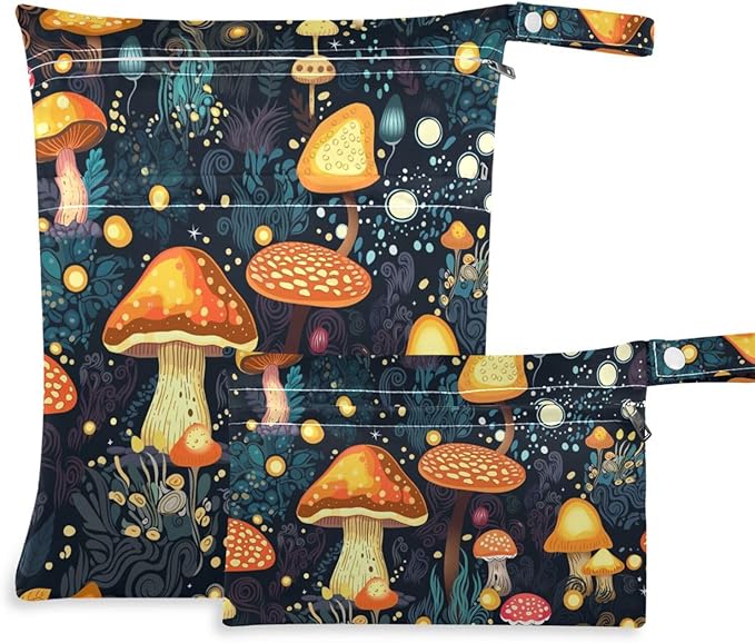 Mushrooms Forest Wet Dry Bag for Baby Cloth Diaper Waterproof Reusable Travel Wet Bag with Two Zippered Pockets for Swimsuits, 2 Pcs