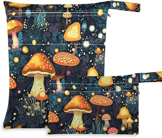 Mushrooms Forest Wet Dry Bag for Baby Cloth Diaper Waterproof Reusable Travel Wet Bag with Two Zippered Pockets for Swimsuits, 2 Pcs