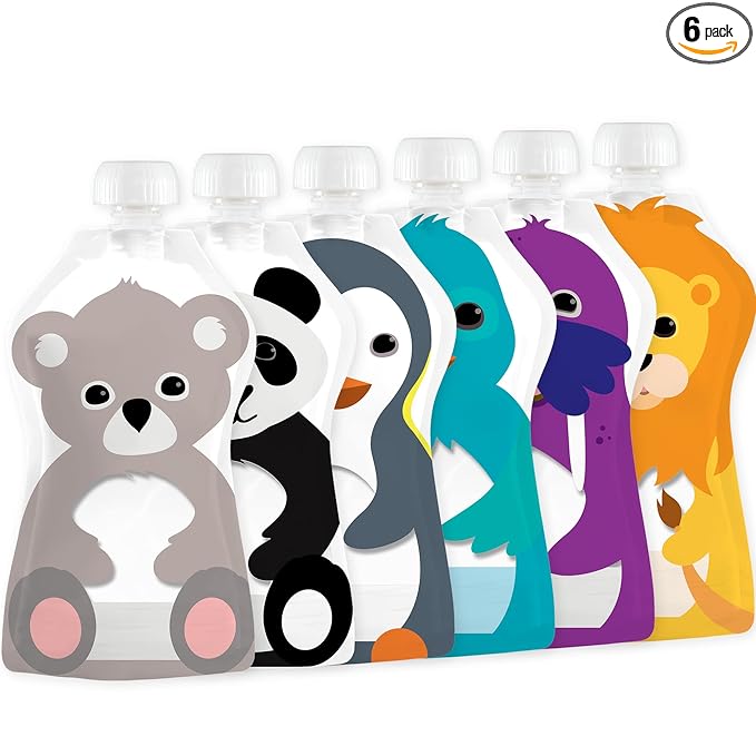 Squooshi Reusable Baby Food Pouches for Toddlers | BPA Free Plastic, Food Safe, Freezer Safe | Refillable for Applesauce Yogurt & Puree Squeeze Pouch | 6 Pack | 3.4 oz