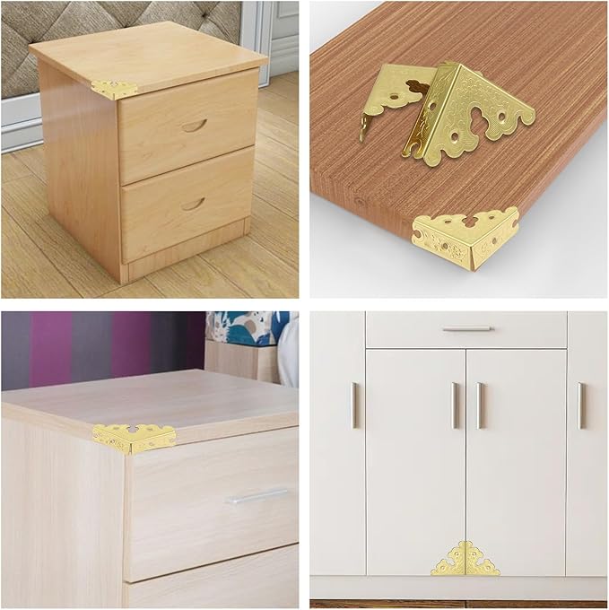 Bivethoi 12 Pack 1.34" x 1.34" Decorative Corner Protectors, Retro Style Edge Safety Guards Gold Covers, Vintage Metal Edge Cover for Furniture/Table/Jewelry Box