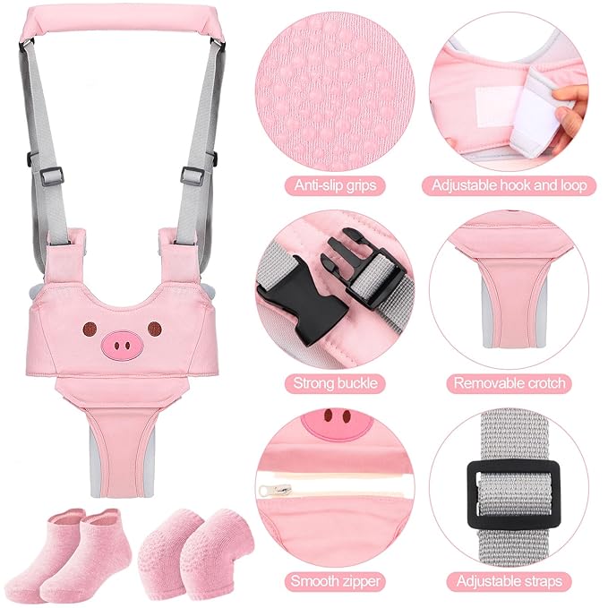 Xuniea Baby Walking Harness Breathable Handheld Baby Walker Assistant Belt Adjustable Toddler Walking Assistant with 4 Pairs Non-Slip Socks Grips 4 Pairs Baby Knee Pads for Crawling, 7-24 Months