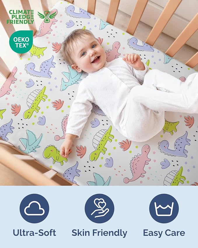2-Pack Mini Crib Sheets Fitted - Pack N Play Sheets for Pack and Play Mattress - Stretchy Soft Microfiber Playard Bedding - Mini Toddler Bed Cover Boys & Girls - Easy-Fit, Oeko-Tex - 38 x 24in - Dinos