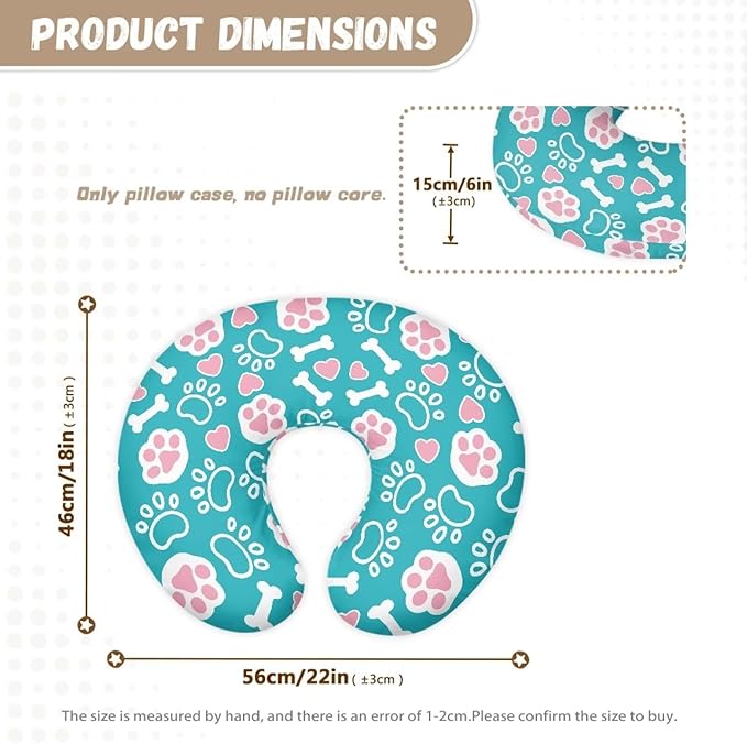 Dog Paw Bone Nursing Pillow Covers with Love Heart Printed for Newborn Breastfeeding Pillow Slipcover for Nursing Pillow U-Shaped Soft and Skin-Friendly Hidden Zipper Design