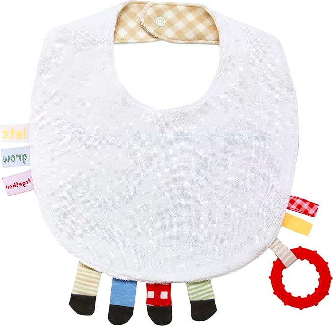 Baby Starters Embroidered Activity Bib with Teether, Crinkle, Touchable Ribbons, Farm Theme, Multicolored Cow