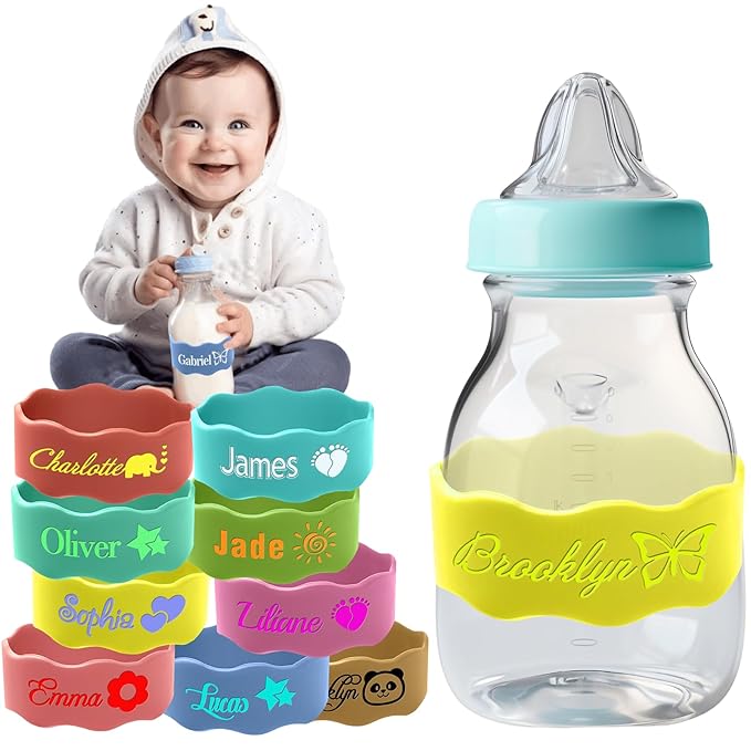 Personalized Water Bottle Name Bands Custom Coloring Silicone Labels Customized Silicone Baby Bottle Labels for Daycare Reusable Baby Bottle Straps for Kids Cups School Waterproof-Yellow