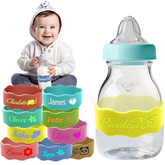 Personalized Water Bottle Name Bands Custom Coloring Silicone Labels Customized Silicone Baby Bottle Labels for Daycare Reusable Baby Bottle Straps for Kids Cups School Waterproof-Yellow