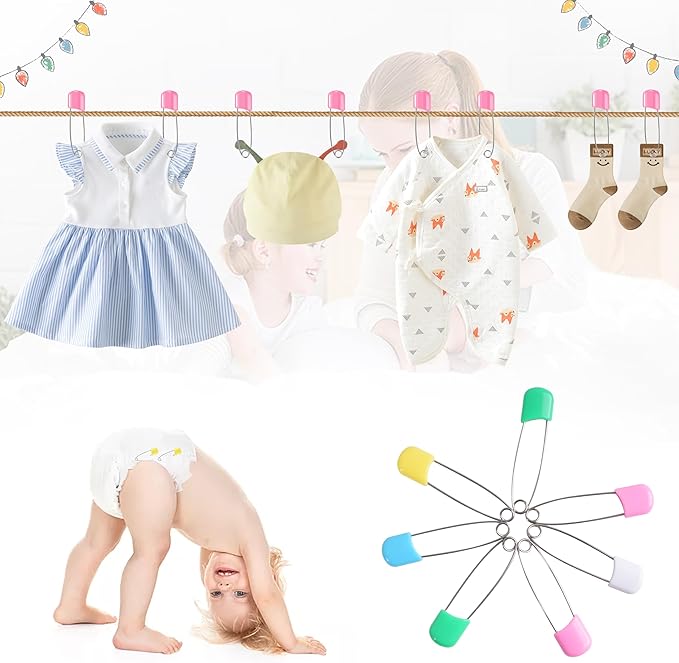 110 Pcs Stainless Steel Diaper Pins, 2.1 Inch Baby Diaper Pins for Cloth Diapers, Plastic Head Baby Safety Pins, Large Pins with Locking Closures, 5 Colors