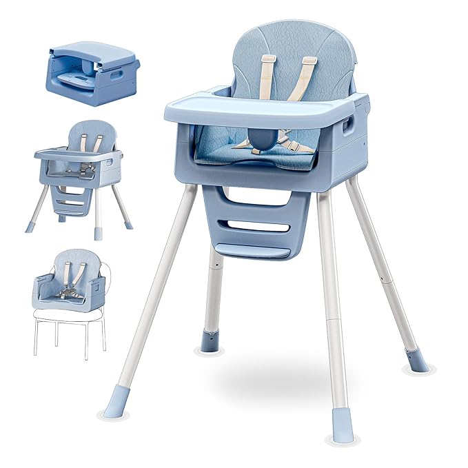 3 in 1 Convertible High Chairs for Toddlers 1-3 Baby Feeding Chair with Tray Wipeable Infant Highchair Sit Up High Chair for Babies and Toddlers with 5-Point Safety Harness & Cushion Blue