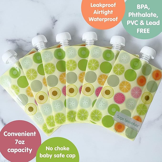 Sage Spoonfuls Reusable Baby Food Pouches - 6 Pack, Baby Food Storage, Pouches Toddler, Refillable Squeeze Pouch for Kids (Fruit Dot), Dishwasher and Freezer Safe, BPA Free