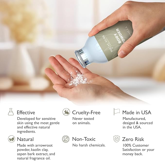 SoCal Suds & Company - Natural Body Powder Talc-Free - with Arrowroot Powder, Kaolin, Aspen Bark Extract for Soft Soothing Delicate Skin - Vanilla 4oz, 1-Pack
