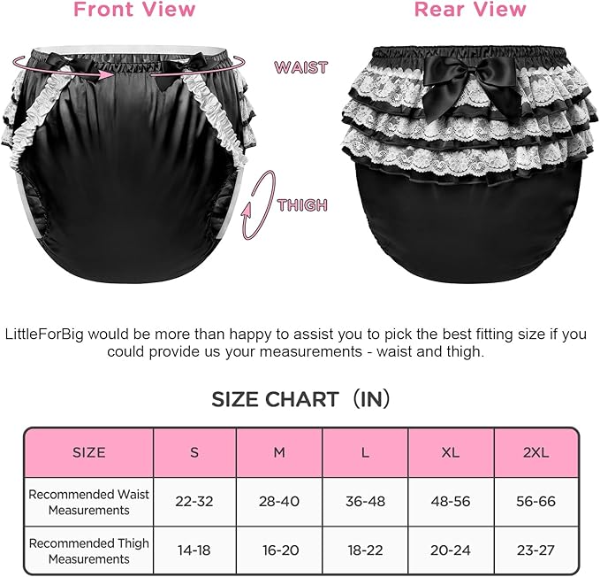 Littleforbig Washable Reusable Waterproof Ruffled Lace Bow Pretty in Black Satin Over Adult Diaper Cover XL