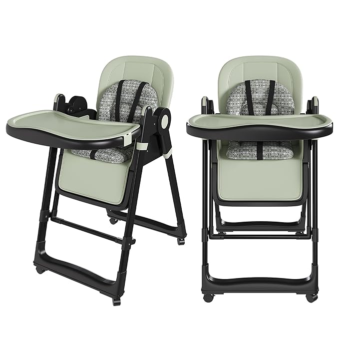 Foldable High Chair for Toddlers with Removable Double Tray & Storage Basket, 5 Height Levels Baby Eating Chair,3 Recline & Footrest Positions, Lockable Wheels,Easy Clean Feeding Chair (Green)